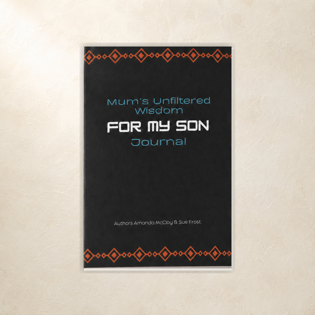 A vertical journal cover shown against a textured beige wall. The cover is predominantly black with orange geometric patterns at the top and bottom borders, and the title 'Mum's Unfiltered Wisdom FOR MY SON Journal' in white and light blue text.