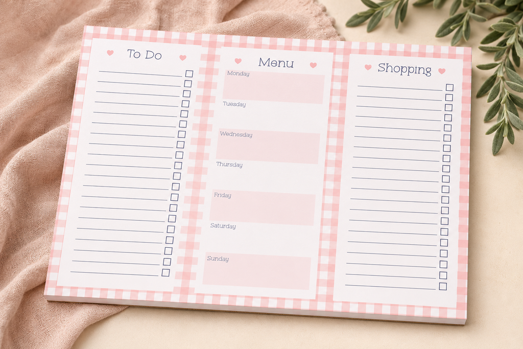 Pink and White check gingham notepad with to-do, menu and shopping sections