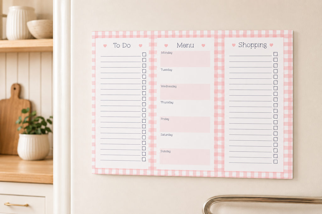 A pink and white gingham weekly planner board mounted on a beige wall, featuring sections for To Do, Menu, and Shopping with checkboxes and blank lines.