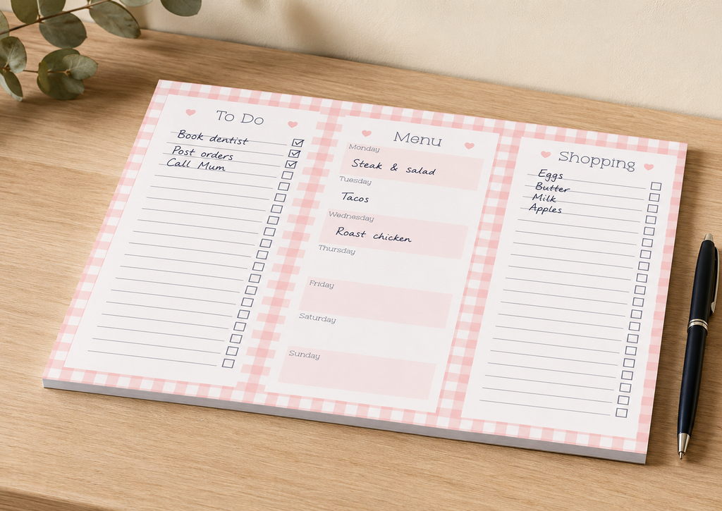A three-panel weekly planner notepad with a pink and white gingham border, displayed on a wooden desk next to a black pen with eucalyptus leaves in the background.