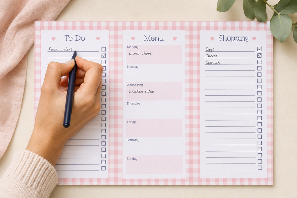 A three-panel planner pad with a pink gingham border, shown on a light beige surface. The left panel is titled 'To Do' with a hand holding a black pen writing, the center panel is titled 'Menu' with handwritten meal entries, and the right panel is titled 'Shopping' with checklist boxes.
