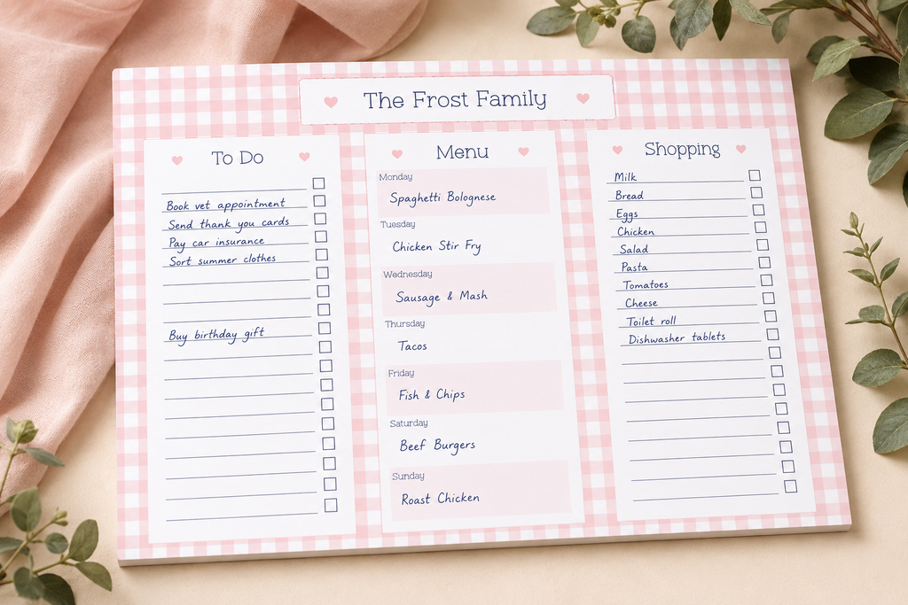 A pink and white gingham weekly planner notepad titled 'The Frost Family' with sections for To Do, Menu, and Shopping, styled on a beige surface with pink fabric and green leaves.