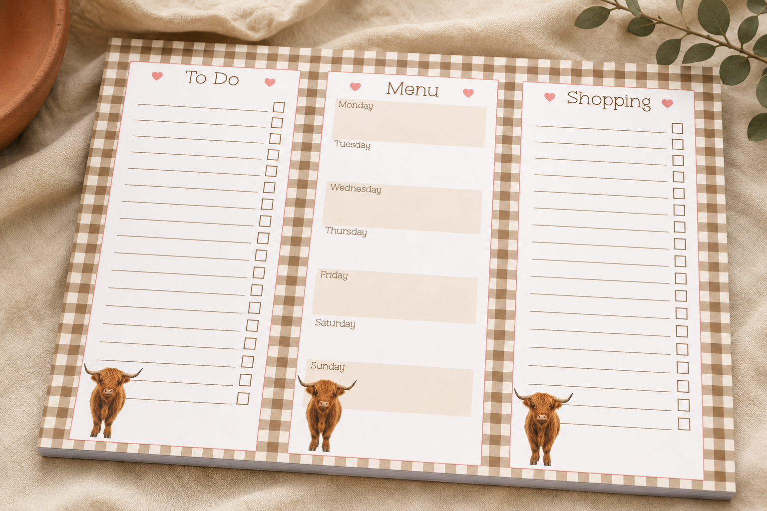 Highland Gingham Personalised A4 Family Centre Planner | Menu & Tear-Off Shopping List