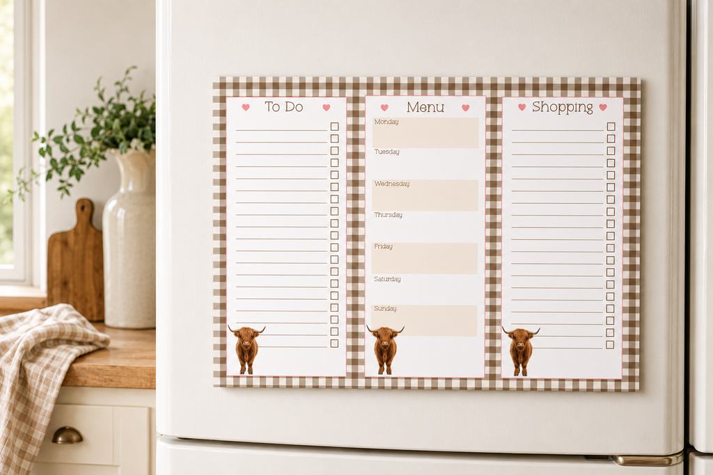 Highland Gingham Personalised A4 Family Centre Planner | Menu & Tear-Off Shopping List
