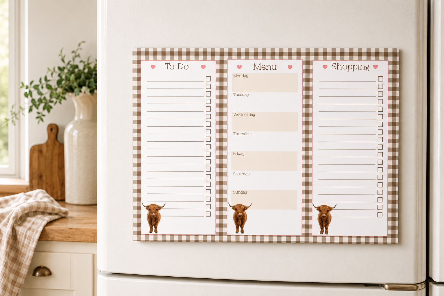Highland Gingham Personalised A4 Family Centre Planner | Menu & Tear-Off Shopping List
