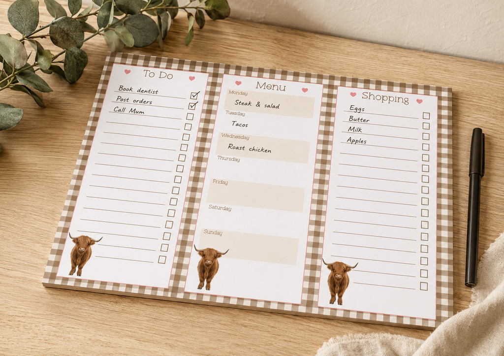 Highland Gingham Personalised A4 Family Centre Planner | Menu & Tear-Off Shopping List