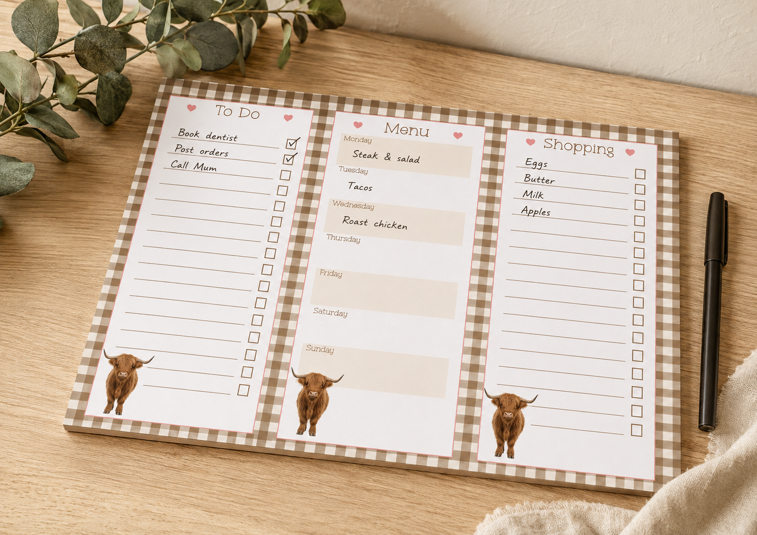 Highland Gingham Personalised A4 Family Centre Planner | Menu & Tear-Off Shopping List