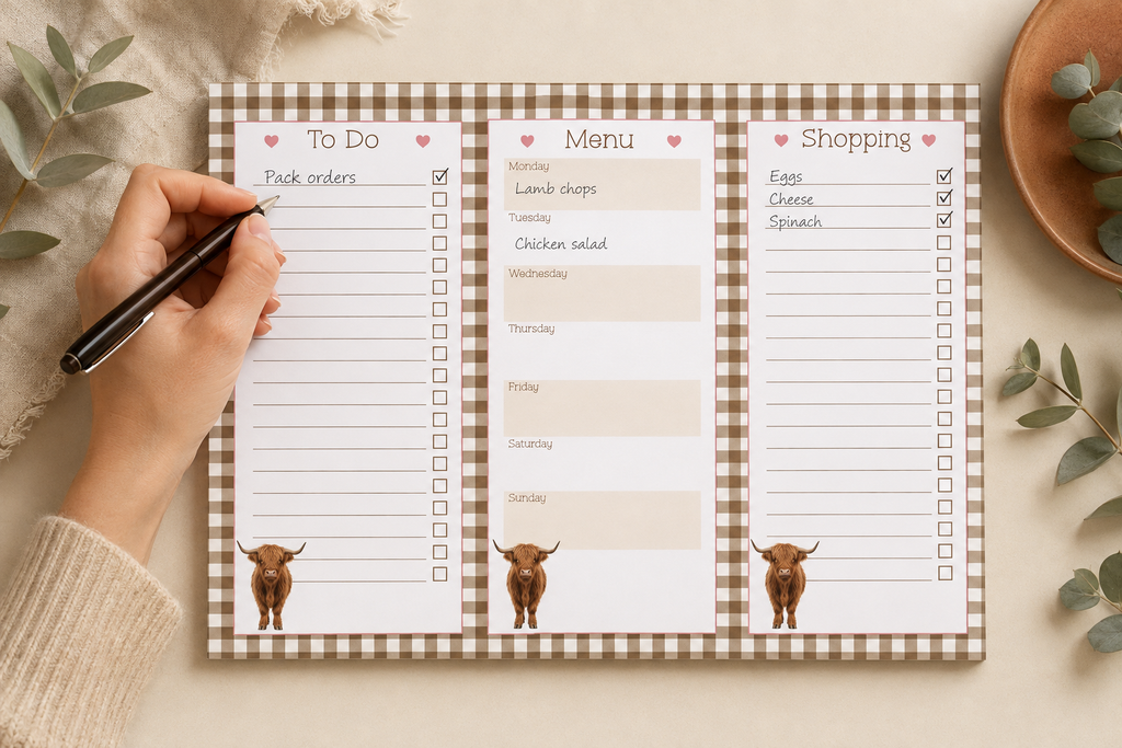 Highland Gingham Personalised A4 Family Centre Planner | Menu & Tear-Off Shopping List