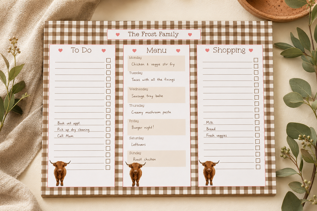 Highland Gingham Personalised A4 Family Centre Planner | Menu & Tear-Off Shopping List