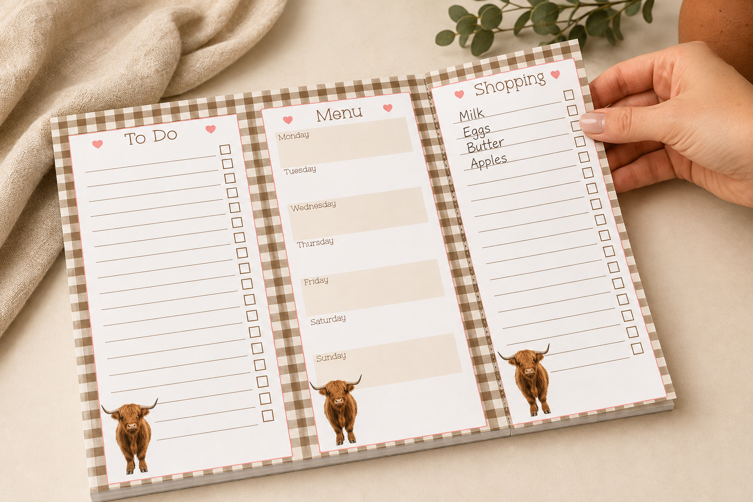 Highland Gingham Personalised A4 Family Centre Planner | Menu & Tear-Off Shopping List