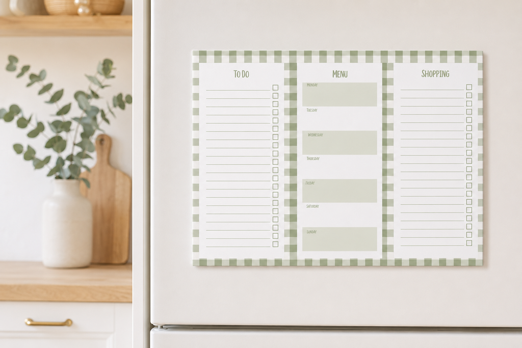 A three-panel kitchen planner magnet or notepad with a green and white gingham border, featuring sections labeled To Do, Menu, and Shopping, displayed on a white refrigerator in a bright kitchen setting.