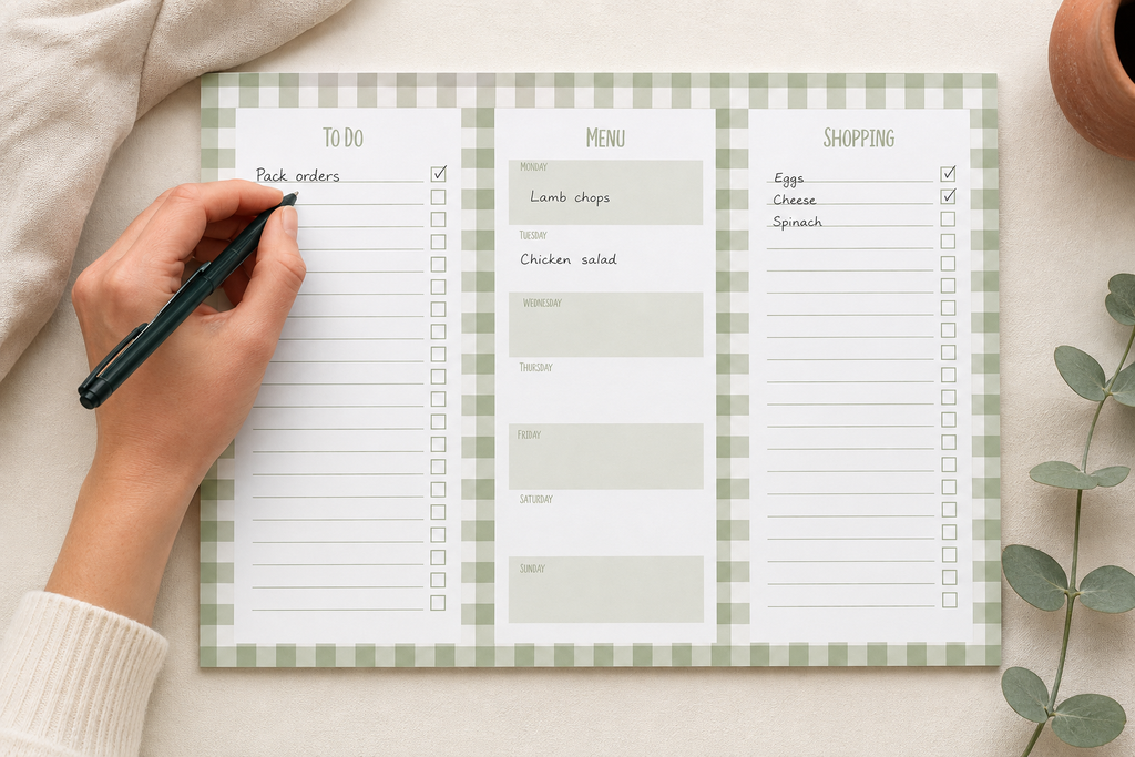 A green and white checkered planner pad laid flat on a light beige surface, with a hand holding a black pen writing in the 'To Do' section. The planner has three columns: 'TO DO', 'MENU', and 'SHOPPING'.