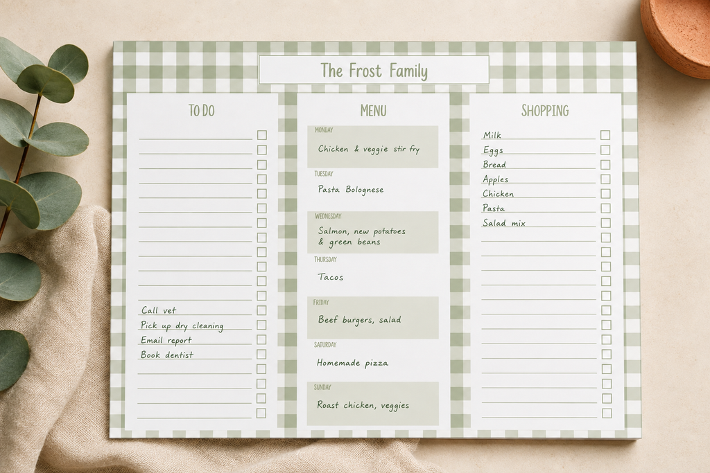 A printable family to-do list and shopping planner card styled in a flat-lay on a beige fabric background with eucalyptus leaves and a wooden slice prop.