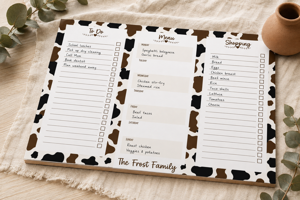 A personalized cow-print checklist planner page set from The Frost Family, styled in a flat-lay on a beige fabric with eucalyptus leaves and a small ceramic pot.