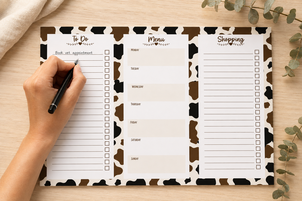 A three-panel weekly planner pad with a brown and black cow print border, shown on a light wood tabletop. A hand is writing on the left panel with a black pen.