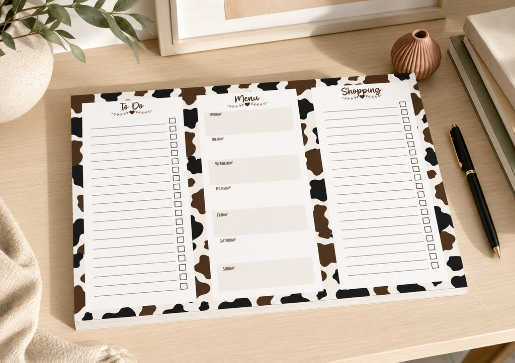 A three-panel desk planner pad with a brown and black cow print border, displayed on a light wood desk alongside a pen, books, and a plant.