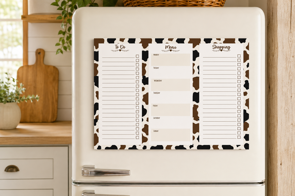 A three-panel refrigerator magnet planner with cow print borders and sections labeled To Do, Plans, and Shopping, shown attached to a cream-colored retro-style refrigerator in a kitchen setting.