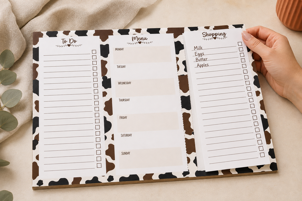 A three-panel weekly planner notepad with a brown and black cow print border, shown open with a hand holding the right page. The pages include sections for To Do, Menu, and Shopping, set on a neutral fabric background with decorative leaves and a ceramic cup.