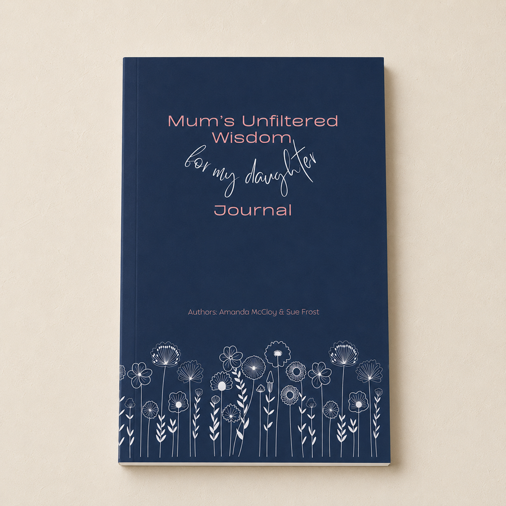 A navy blue hardcover journal titled 'Mum's Unfiltered Wisdom for my daughter Journal' with white floral illustrations along the bottom, displayed on a light beige background.