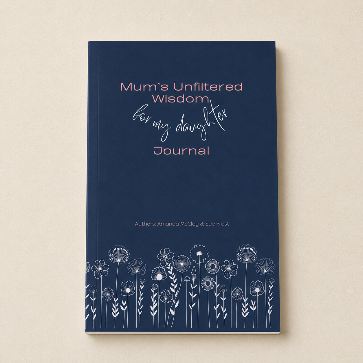 A navy blue hardcover journal titled 'Mum's Unfiltered Wisdom for my daughter Journal' with white floral illustrations along the bottom, displayed on a light beige background.