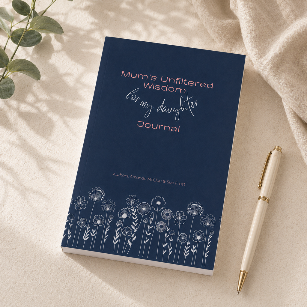 A navy blue journal with white floral illustrations and the title 'Mum's Unfiltered Wisdom, for my daughter Journal' in pink and white lettering, styled on a beige fabric surface with a cream pen and soft shadows.