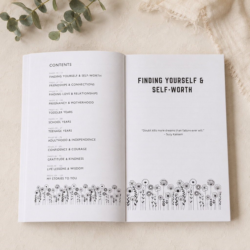 An open book or journal spread laid on a light beige fabric surface, showing printed text including a table of contents and the heading 'FINDING YOURSELF & SELF-WORTH,' with small black floral line drawings along the bottom of both pages.