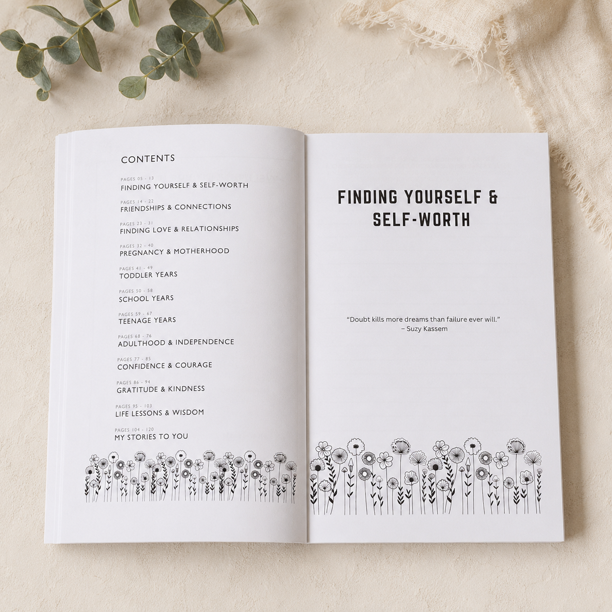 An open book or journal spread laid on a light beige fabric surface, showing printed text including a table of contents and the heading 'FINDING YOURSELF & SELF-WORTH,' with small black floral line drawings along the bottom of both pages.