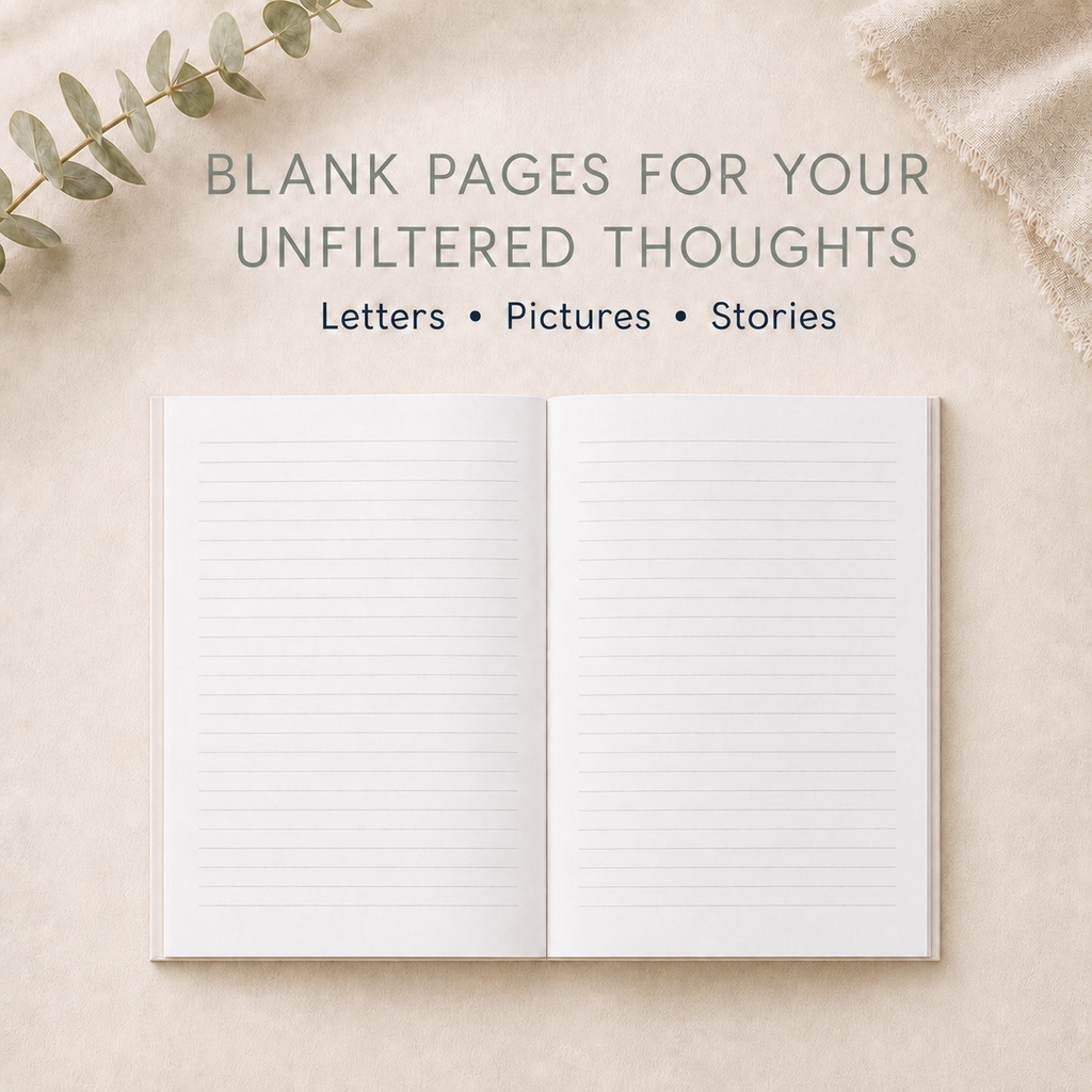 An open blank lined notebook on a warm beige textured background with decorative eucalyptus leaves and fabric. Text above reads: 'BLANK PAGES FOR YOUR UNFILTERED THOUGHTS' and 'Letters • Pictures • Stories'.
