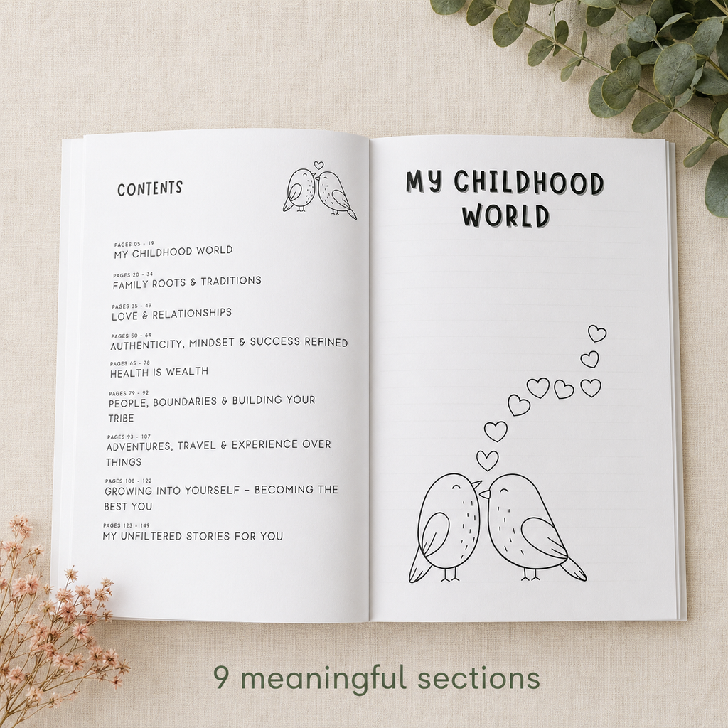 An open book laid flat on a light beige surface, showing two white pages with black text and simple line drawings of birds and hearts. The left page has a 'CONTENTS' section, and the right page has the title 'MY CHILDHOOD WORLD.
