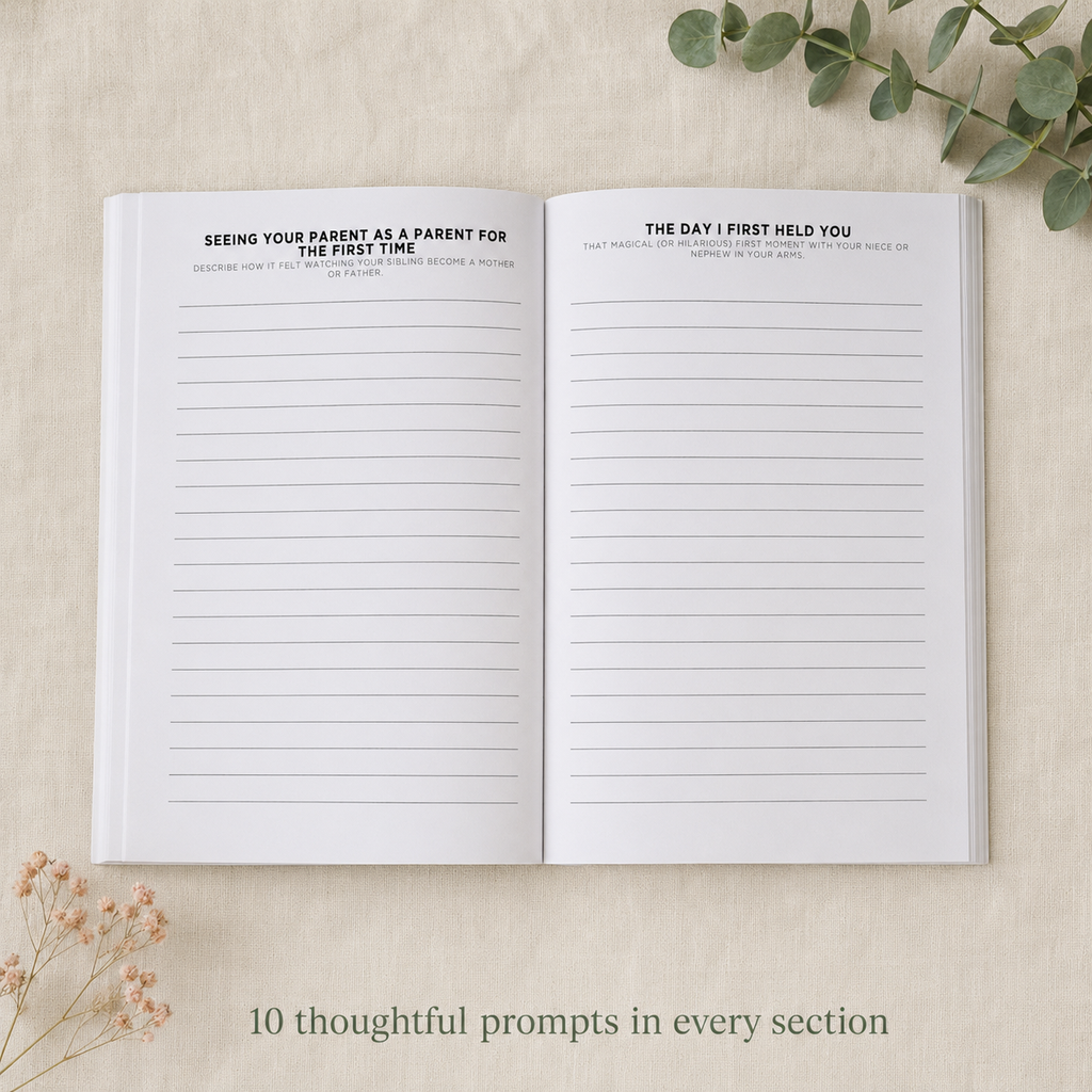 An open lined journal or notebook spread on a light beige fabric background, with printed prompts at the top of both pages and decorative dried flowers and greenery around it. Text at the bottom reads, '10 thoughtful prompts in every section.