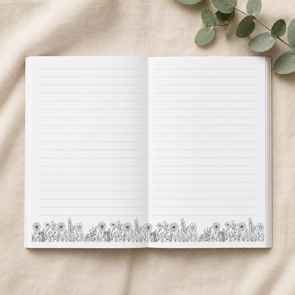 An open lined notebook with a black-and-white floral border along the bottom, photographed from above on a beige fabric surface with eucalyptus leaves in the corner.