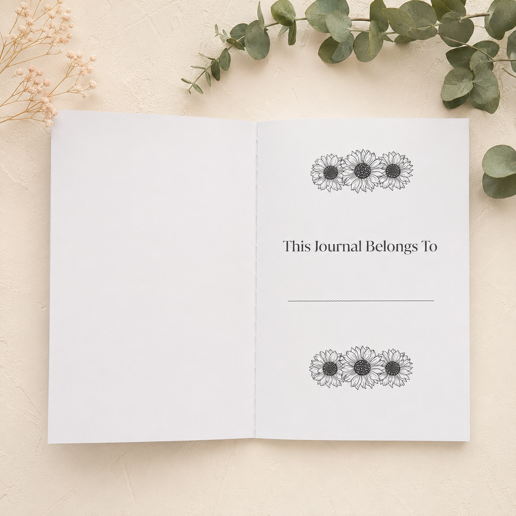 An open white journal or notebook lies on a light beige textured surface, styled with eucalyptus leaves and dried flowers. The right page reads 'This Journal Belongs To' with a blank line below and matching floral motifs near the top and bottom.