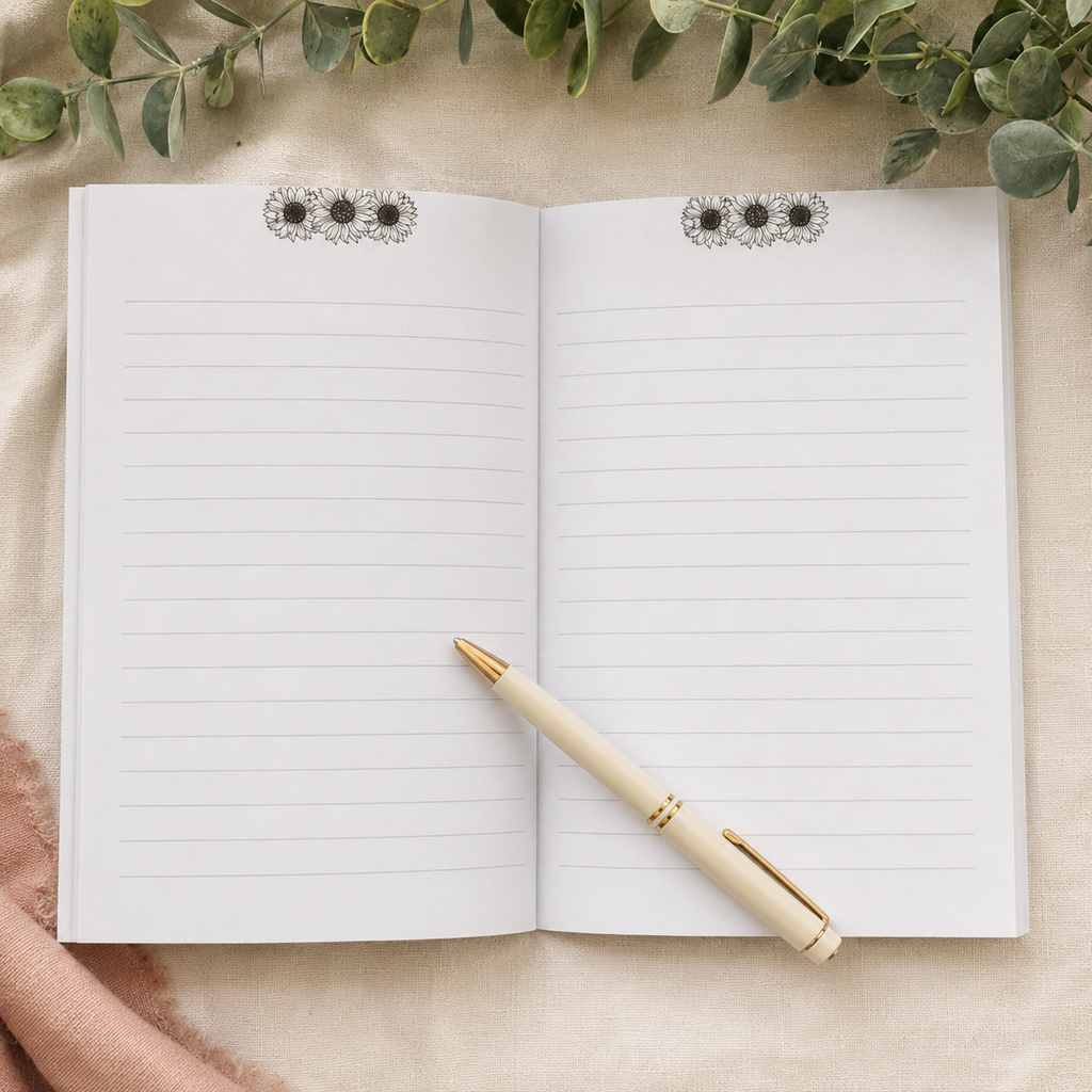 An open lined notebook with three black-and-white floral page headers, styled on a beige fabric surface with eucalyptus leaves and a cream pen with gold trim.