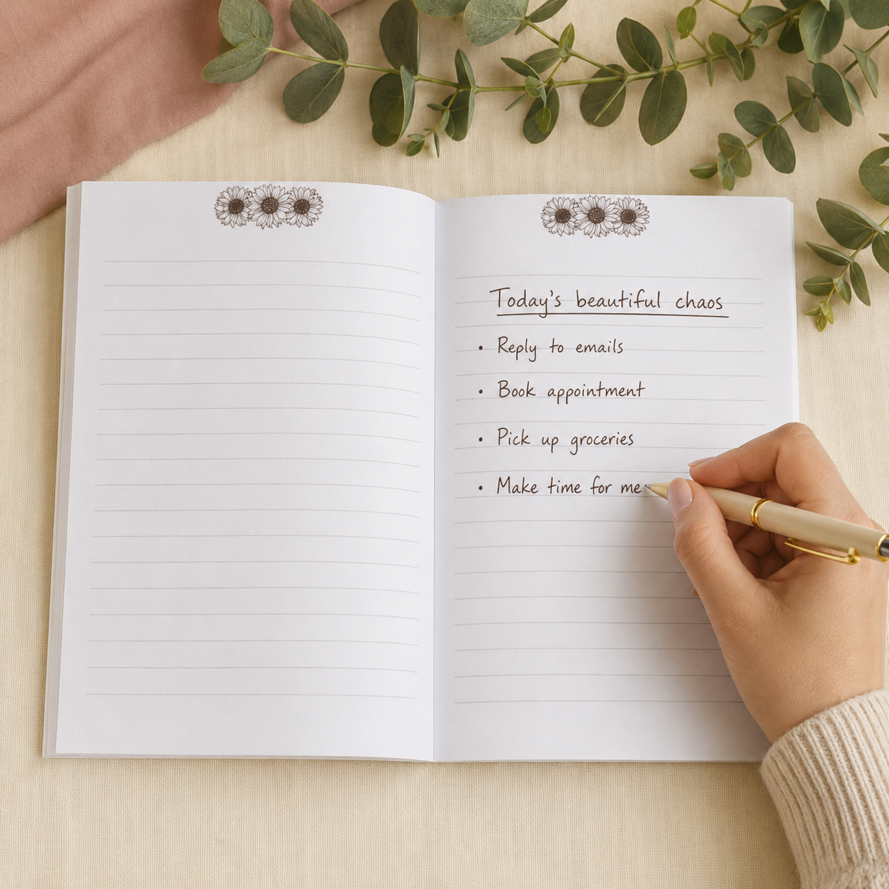 An open lined notebook on a light wood surface with a hand writing in a gold pen. The notebook has floral page headers and a handwritten task list on the right page.