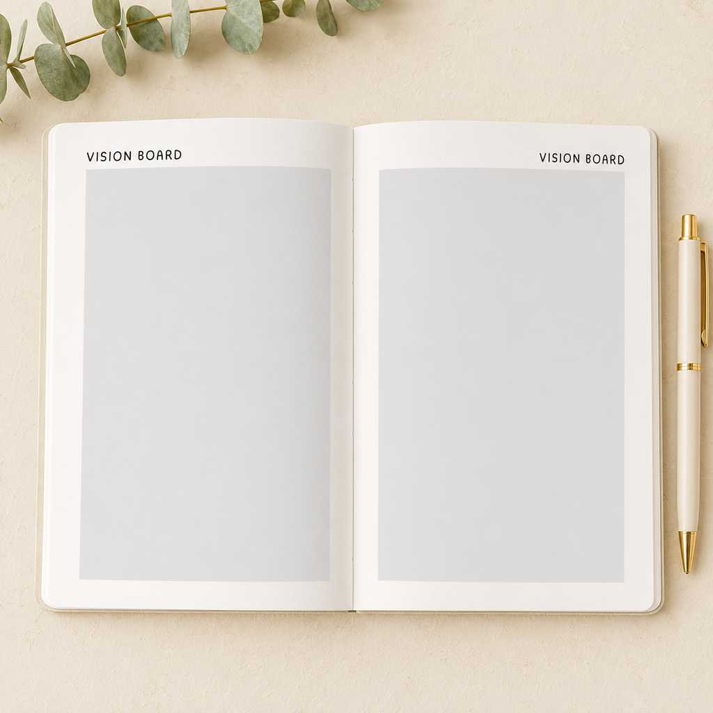 An open white vision board planner or notebook on a light beige surface, with two blank gray writing areas labeled 'VISION BOARD' and a white pen with gold trim placed to the right. Green eucalyptus leaves are visible at the top edge.