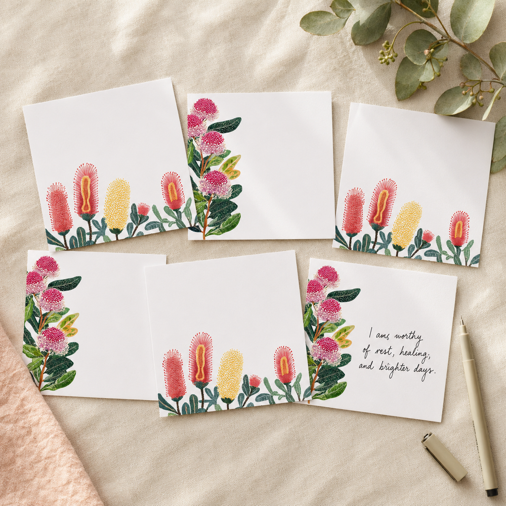 Five white square cards with watercolor floral designs and a handwritten quote, arranged on a beige fabric surface with a pen and eucalyptus leaves.