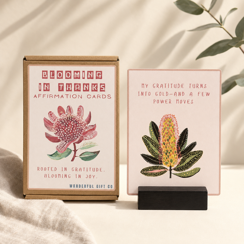 Box of affirmation cards next to one card displayed on a small black stand, with a warm neutral fabric surface and soft leaf shadows in the background. The packaging and card read 'Blooming in Thanks Affirmation Cards' and 'My Gratitude Turns Into Cold-and a Few Power Moves.
