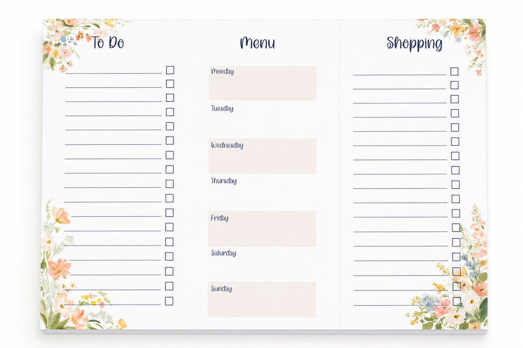 Blush Meadow Family Centre A4 Planner Pad | 30 Page Weekly Meal Planner & Shopping List