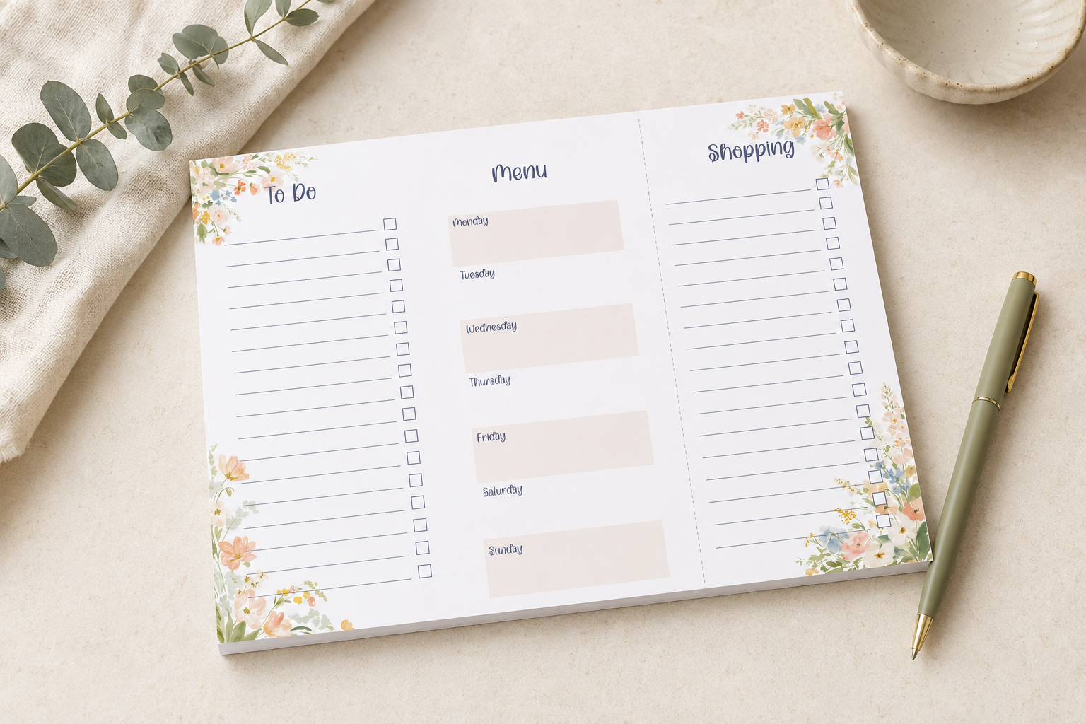 Blush Meadow Family Centre A4 Planner Pad | 30 Page Weekly Meal Planner & Shopping List