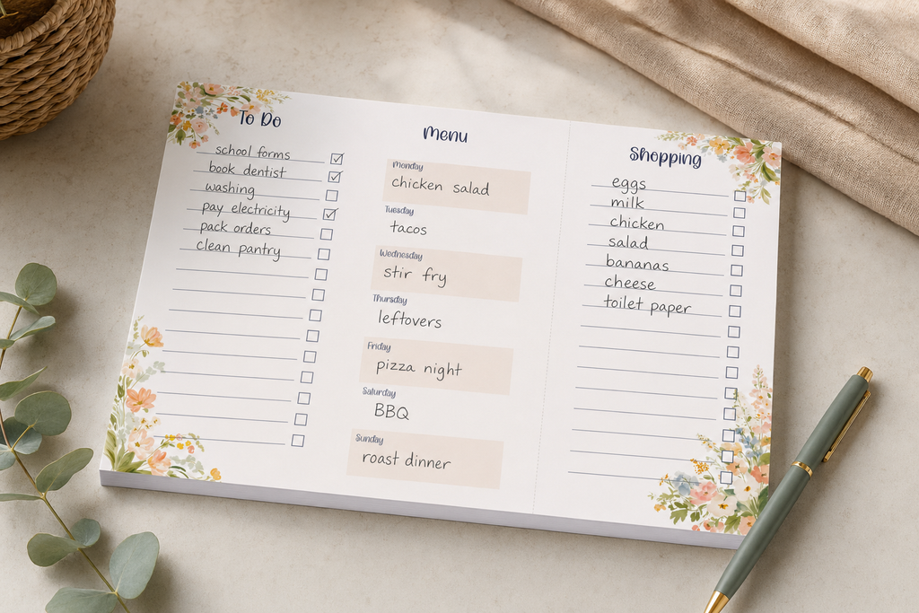 Blush Meadow Family Centre A4 Planner Pad | 30 Page Weekly Meal Planner & Shopping List