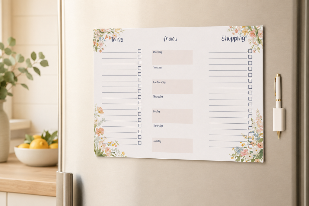 Blush Meadow Family Centre A4 Planner Pad | 30 Page Weekly Meal Planner & Shopping List