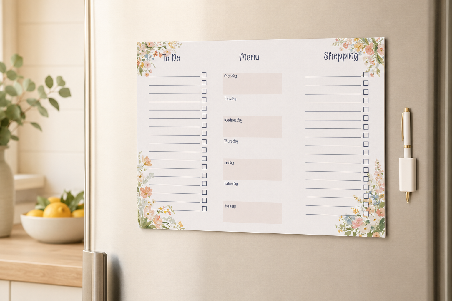 Blush Meadow Family Centre A4 Planner Pad | 30 Page Weekly Meal Planner & Shopping List