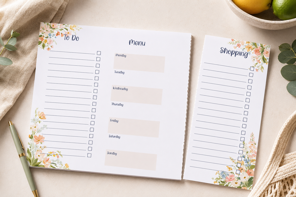 Blush Meadow Family Centre A4 Planner Pad | 30 Page Weekly Meal Planner & Shopping List