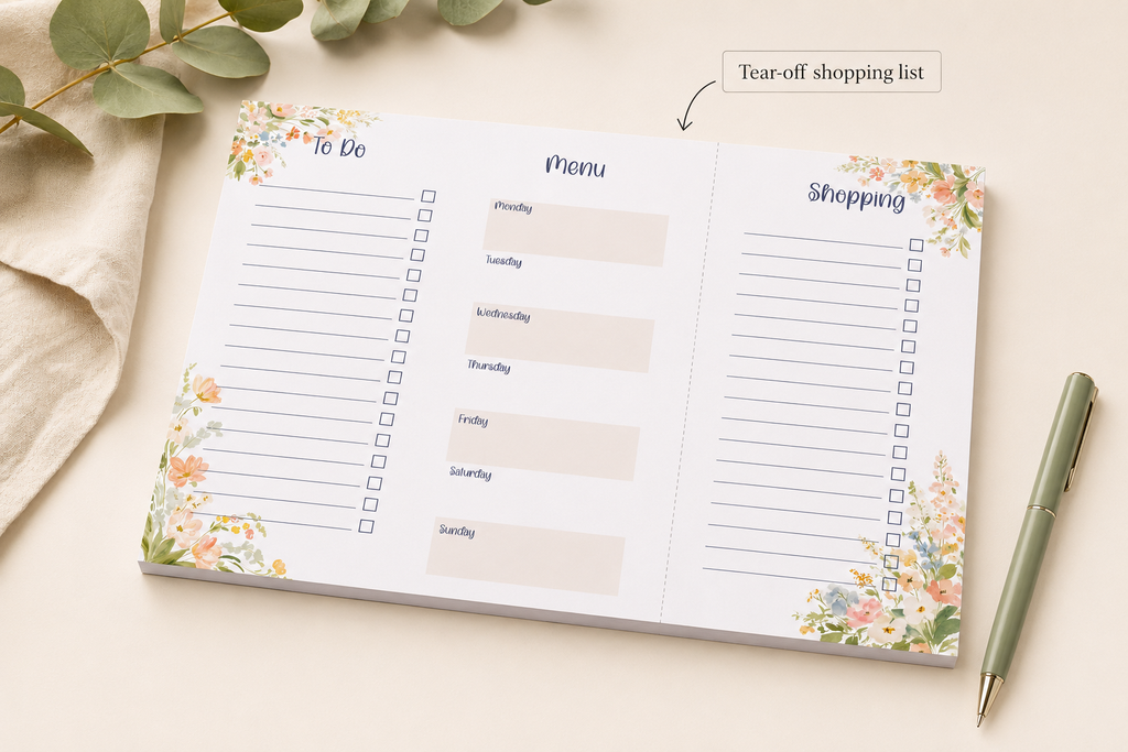 Blush Meadow Family Centre A4 Planner Pad | 30 Page Weekly Meal Planner & Shopping List
