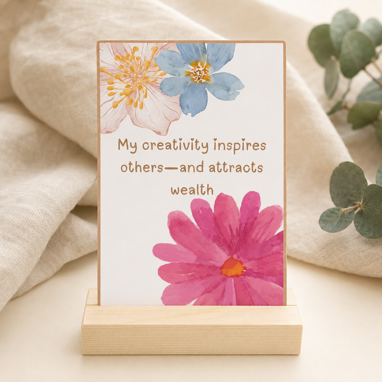 A vertical art print with a quote, displayed on a small wooden stand. The print features watercolor floral designs in pink, blue, and magenta on a white background, with the text 'My creativity inspires others—and attracts wealth'.