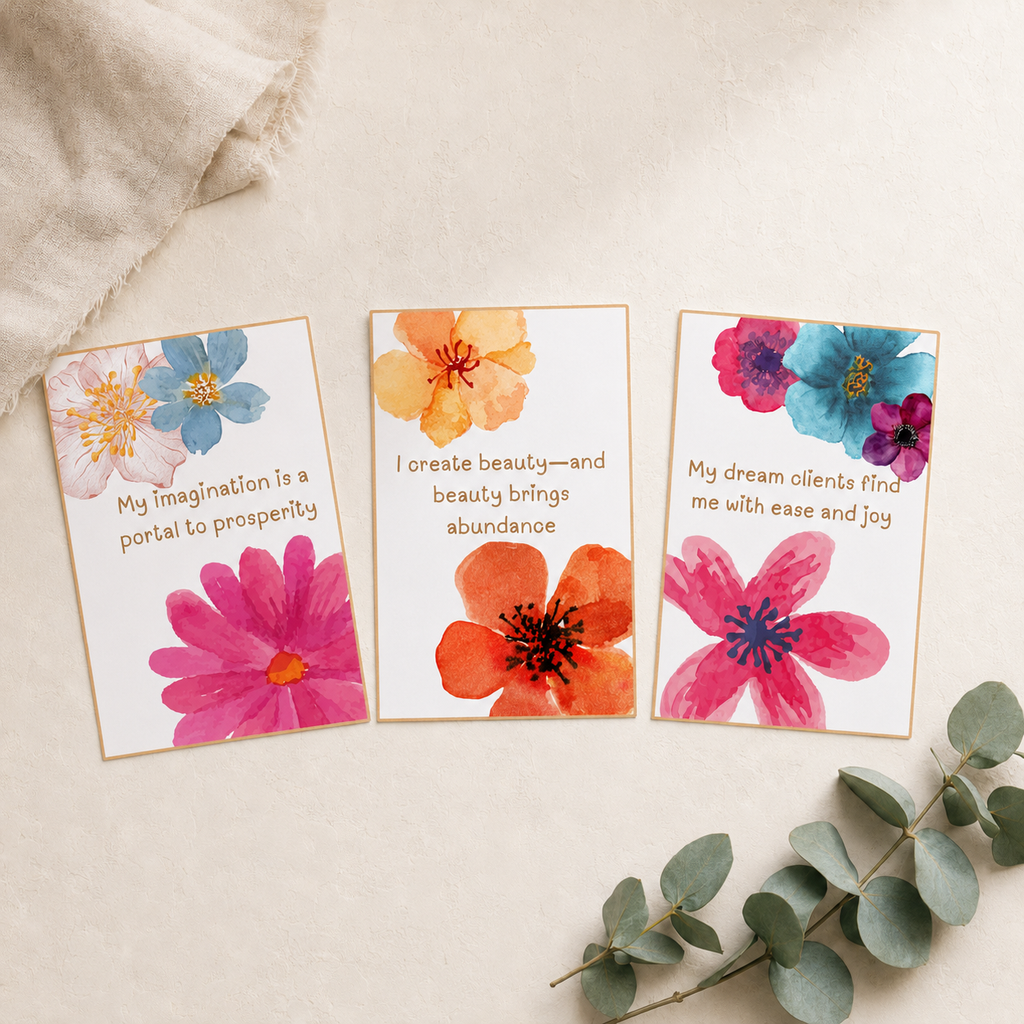 Three rectangular floral greeting cards arranged on a light beige textured surface with a folded cream fabric and eucalyptus stems as props. The cards feature watercolor-style flowers in pink, orange, blue, purple, and yellow, with short inspirational quotes printed below each design.