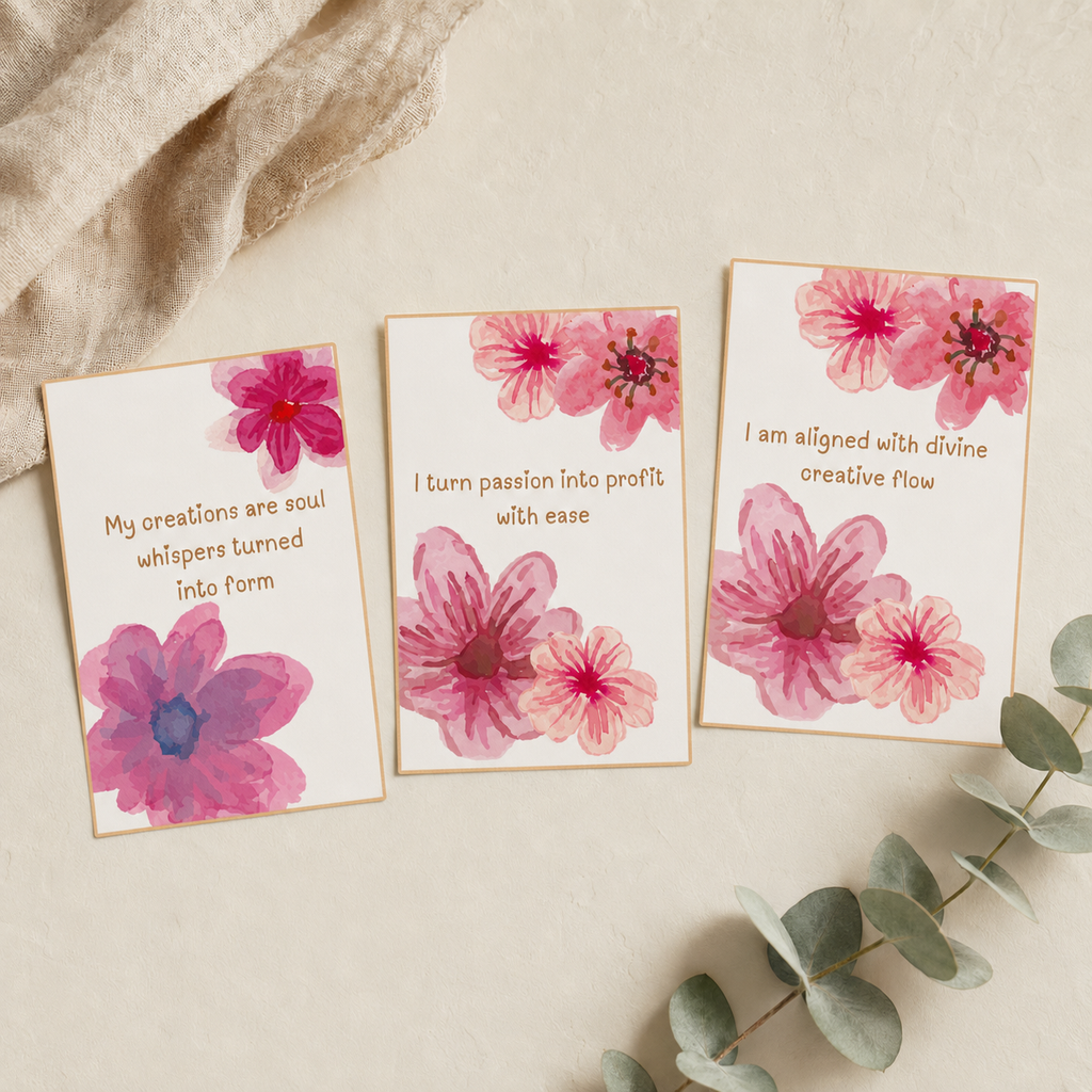 Three rectangular art prints with watercolor pink and purple flowers arranged on a light beige surface with a linen cloth and eucalyptus leaves. The prints feature inspirational quotes in brown text.
