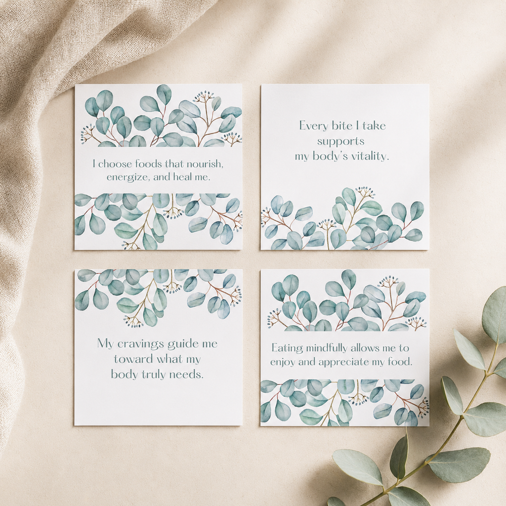 Four square white cards with watercolor eucalyptus leaf borders and short inspirational quotes, arranged in a 2x2 grid on a beige fabric surface with eucalyptus leaves around them.