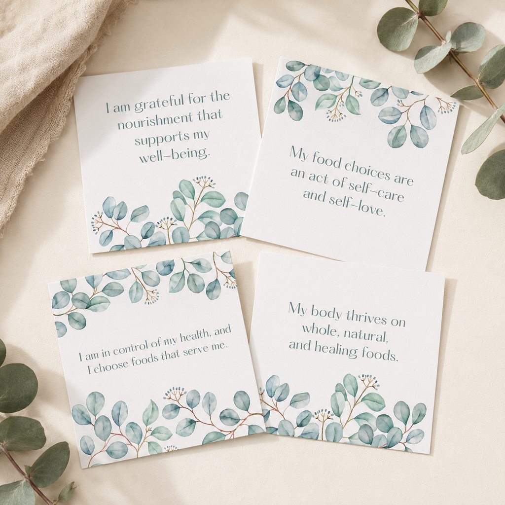 Four square white cards with watercolor green leaf illustrations and inspirational quotes, arranged on a light beige surface with eucalyptus leaves and a textured fabric.