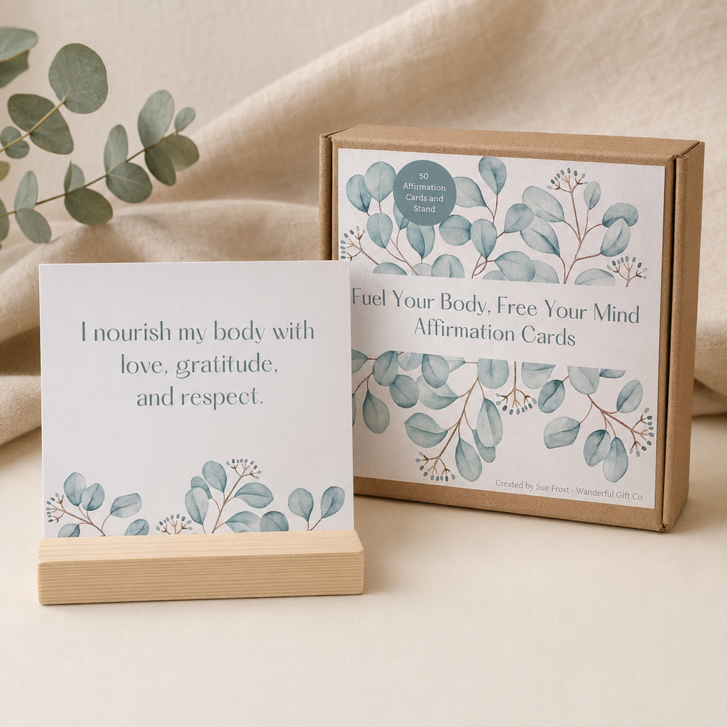 A boxed set of affirmation cards displayed on a neutral fabric surface, with one card propped upright on a small wooden stand in front of the box. The card reads, 'I nourish my body with love, gratitude, and respect.